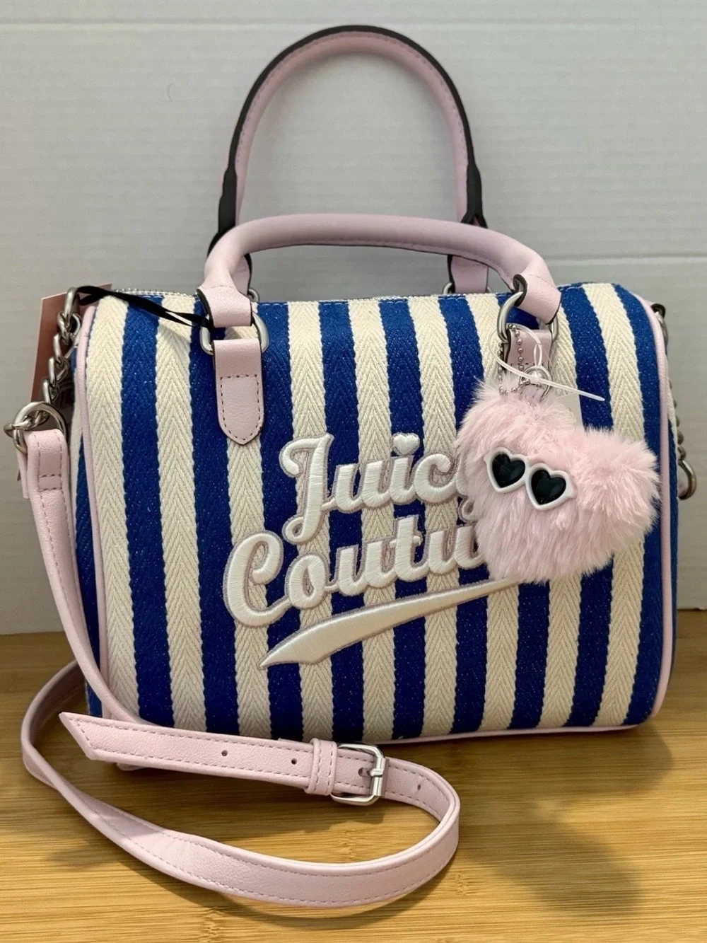Juicy Couture Blue & Pink Striped Satchel with Heart Charm